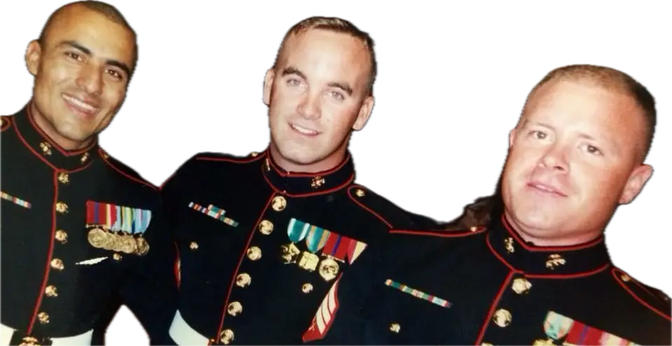 Billy Gavigan with two fellow U.S. Marines in dress uniforms