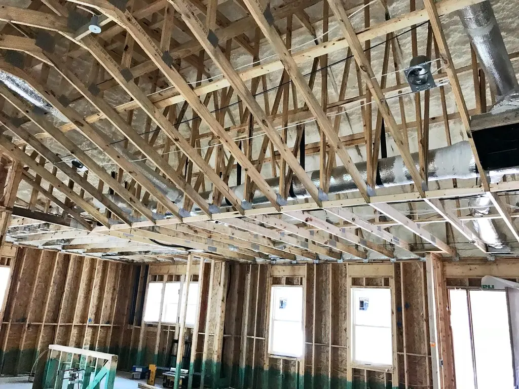 Interior framing during custom-home construction at Bull Point Plantation