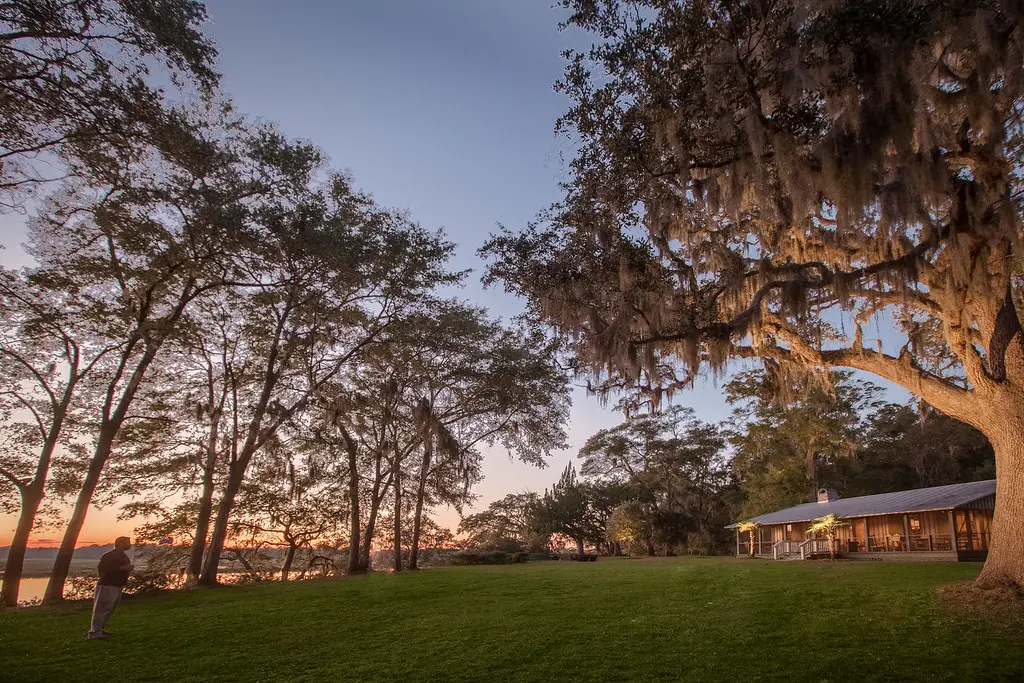 Evening gathering beneath live oaks near the River Cabin at Bull Point Plantation