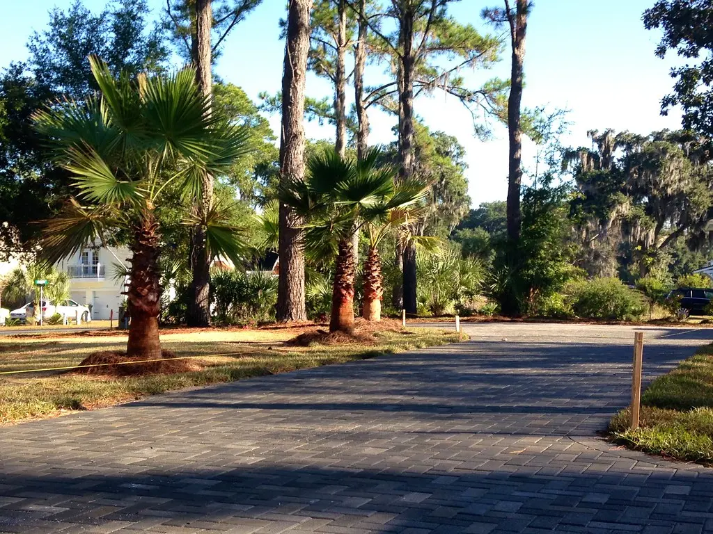 Paver roadway curving through established trees and landscaping in Sommer Lake Place